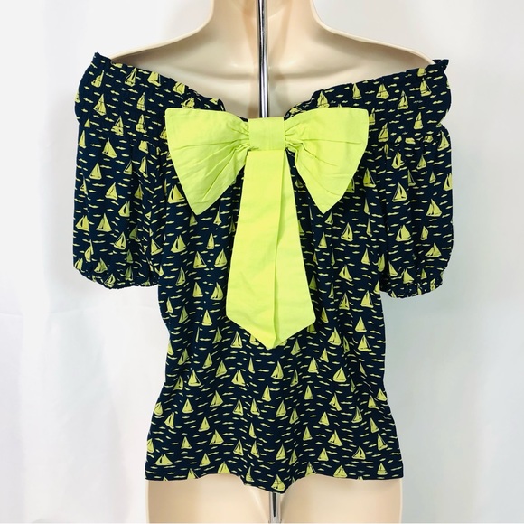Anthropologie PORRIDGE Blue & Green Sailboat Off Shoulder Top w/Bow - Picture 2 of 8